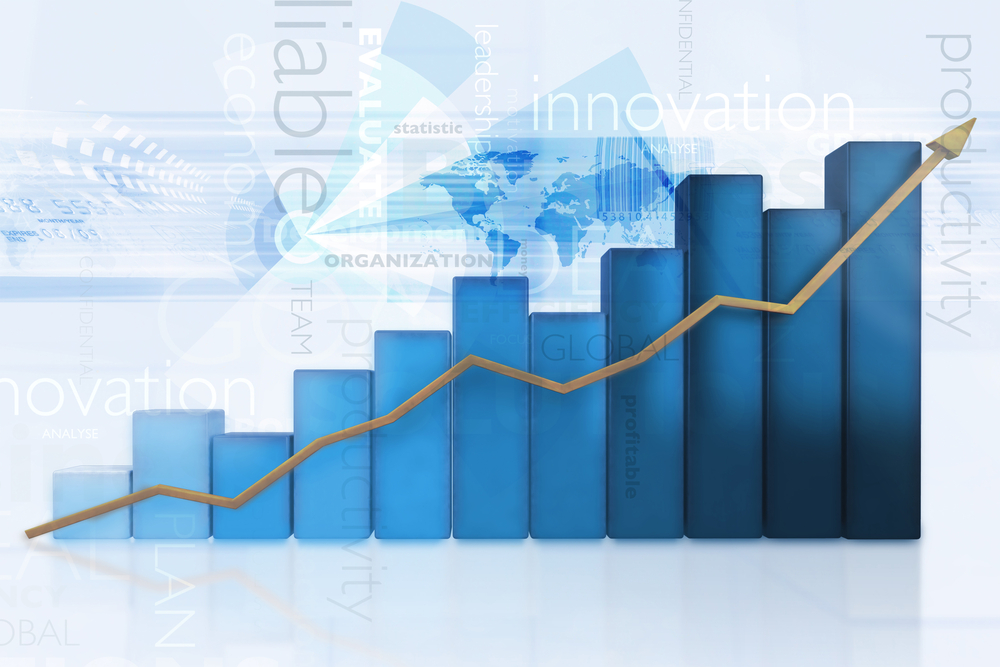 3d business chart showing growth - isolated over a blue background